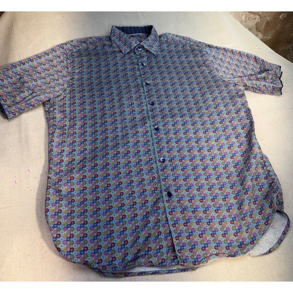 Hinton & Hinton Men's Large Bright Floral Print Short Sleeve Button Down Shirt - Picture 2 of 12